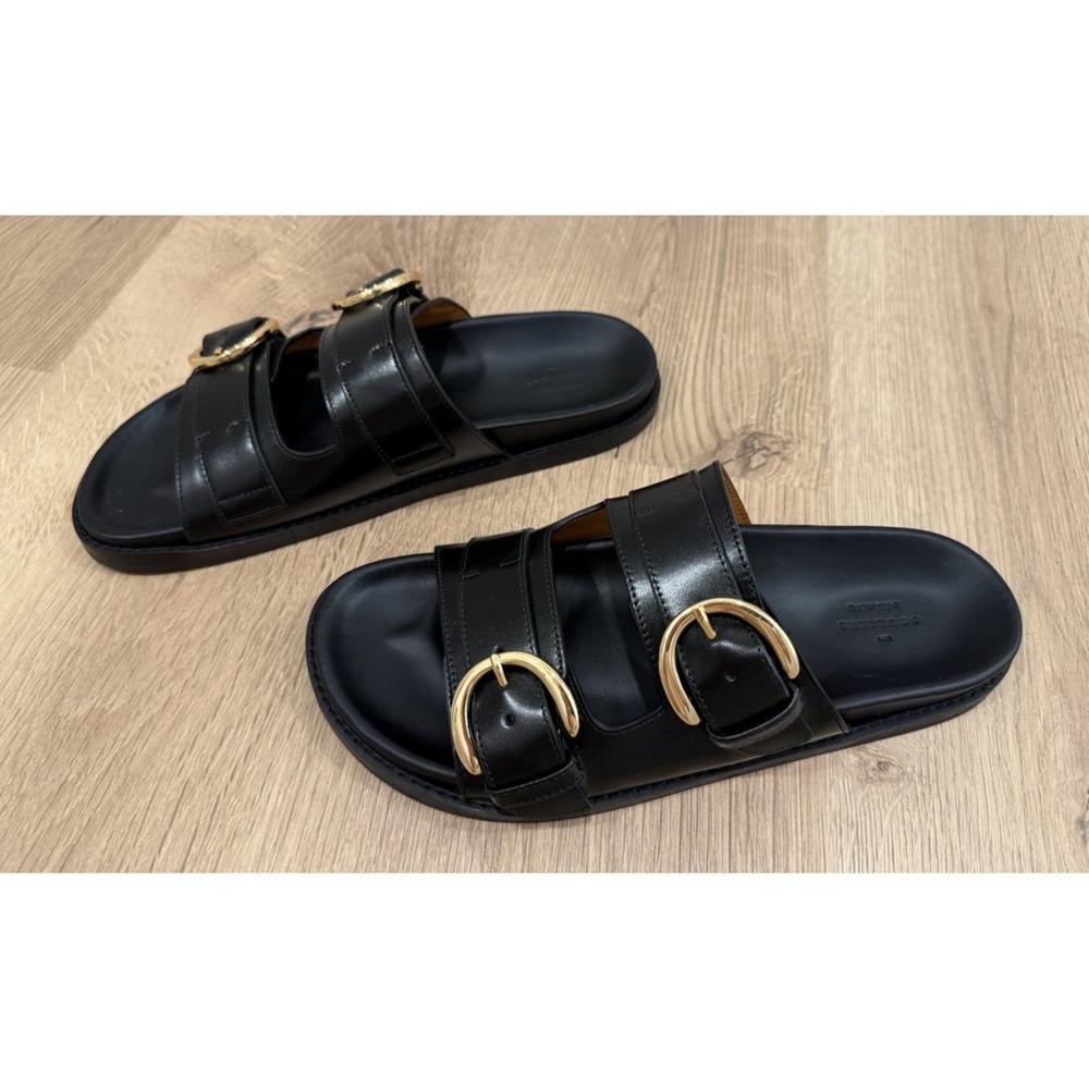 Smooth Black Leather Souliers Sezane Lenny low mules Gold buckles 38 7.5 - Picture 2 of 7